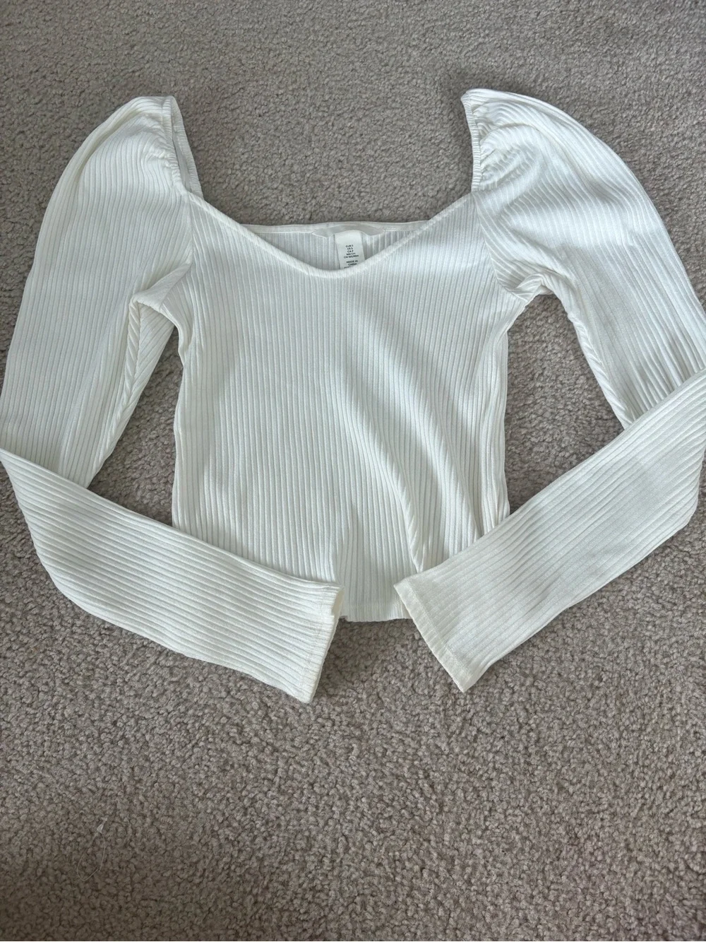 H&M Cream Ribbed Scoop-Neck Long Sleeve Top